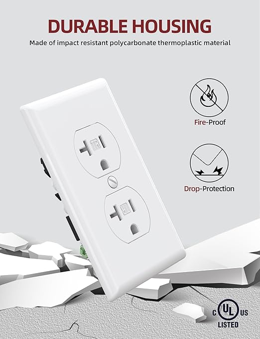 AIDA 20 Amps Outlets Duplex Electrical Receptacle Outlets,Tamper Resistant,Heavy-Duty Receptacle Wall Outlet,Residential,TR,3-Wire, Self-Grounding Clip,Wall Plate Included,UL Listed (20 Pack, White)