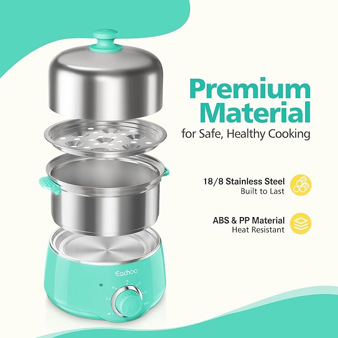 Hard Boiled Egg Cooker - CACHOO 14-Egg Rapid Stainless Steel Egg Boiler with 30-Min Timer & Auto Shut Off, Compact Electric Vegetable Steamer for Cooking, Dishwasher Safe, Aqua