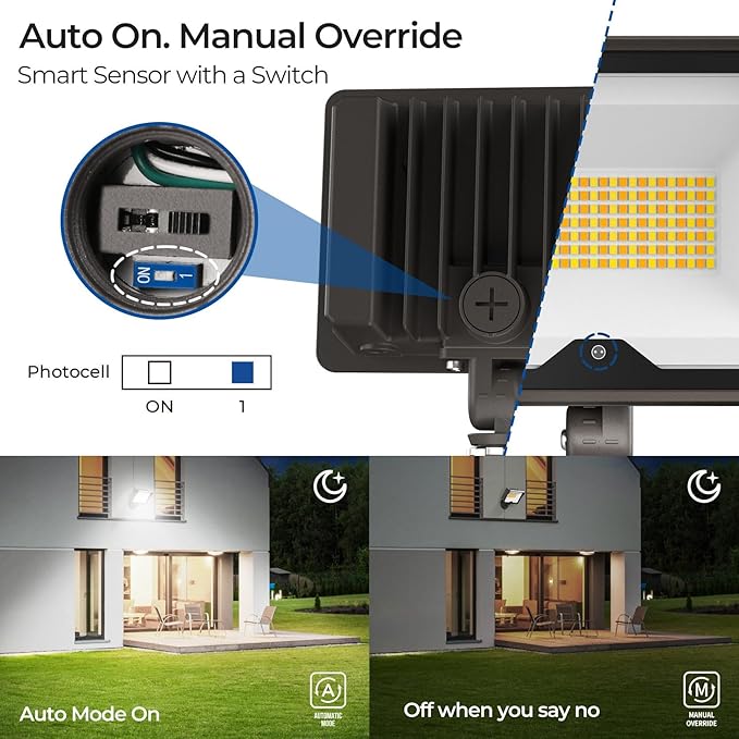 CINOTON 55W LED Flood Light 3CCT (3000K/4000K/5000K), 7700LM Dusk-to-Dawn Photocell Outdoor Security Lighting, 120V IP65 Aluminum Wall Pack for Porch/Barn, 180° Knuckle Mount, 2 Modes, ETL, 2 Pack