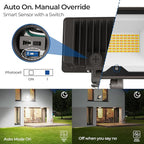 CINOTON 55W LED Flood Light 3CCT (3000K/4000K/5000K), 7700LM Dusk-to-Dawn Photocell Outdoor Security Lighting, 120V IP65 Aluminum Wall Pack for Porch/Barn, 180° Knuckle Mount, 2 Modes, ETL, 1 Pack