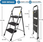 3 Step Ladder, GOLYTON Folding Step Stool with Anti-Slip Wide Pedal & Convenient Handgrip, 500lbs Capacity Steel Ladder for Household and Office, Grey
