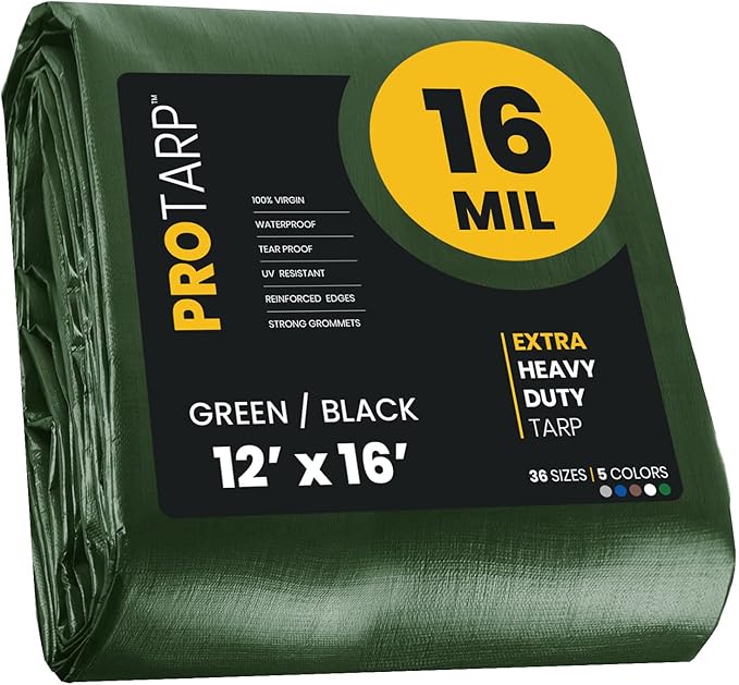 PROTARP Extra Heavy Duty 16 Mil Tarp Cover, Waterproof, UV Resistant, Rip and Tear Proof, Poly Tarpaulin with Reinforced Edges for Roof, Camping, Patio, Pool, Boat. (Green/Black 12′ X 16′)