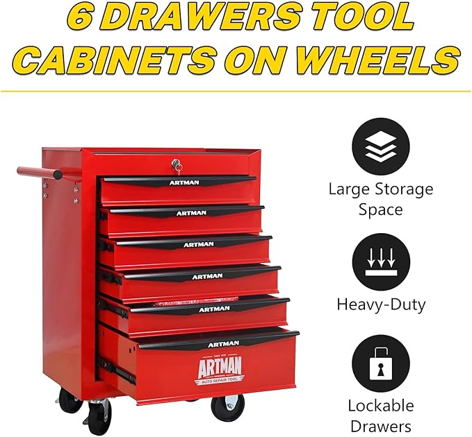 6-Drawer Steel Rolling Tool Cart with Wheels & Handle, Heavy-Duty Tool Chest Storage Cabinet for Garage and Workshop