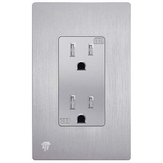 ENERLITES Elite Series Decorator Receptacle, Child Safe Tamper-Resistant Outlet, Self-Grounding, Residential Grade, 15A 125V, UL Listed, 61501-TR-SVWBP, Brushed Silver With Wall Plate