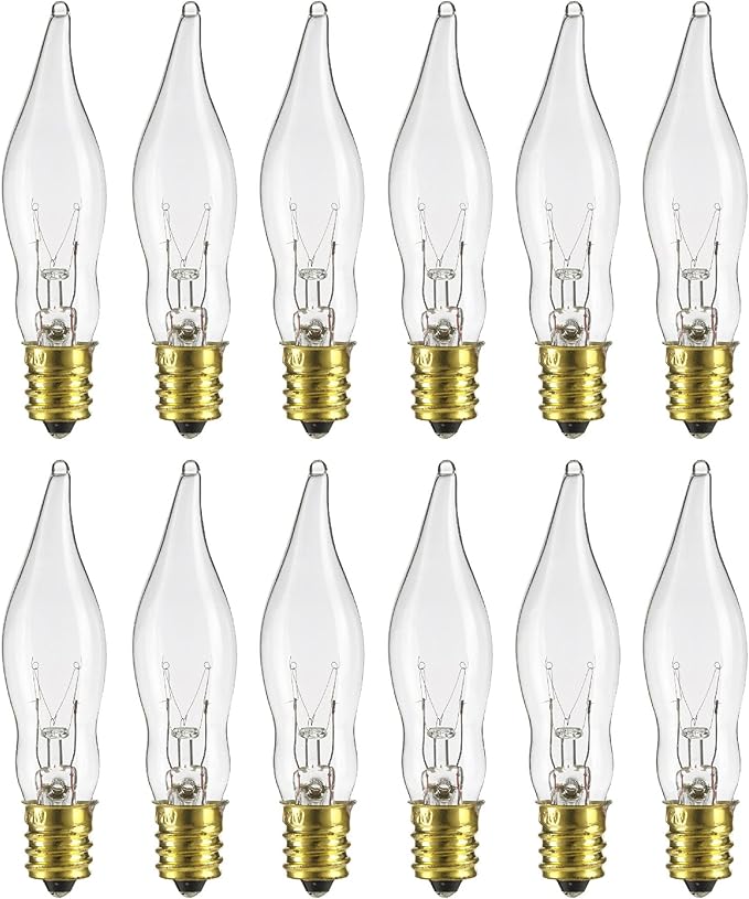 Sunlite 40001 Incandescent Petite Flame Tip Chandelier Light Bulb, 7 Watts, Candelabra Base (E12), Dimmable, for Chandeliers, Sconces, Fixtures, 12 Count