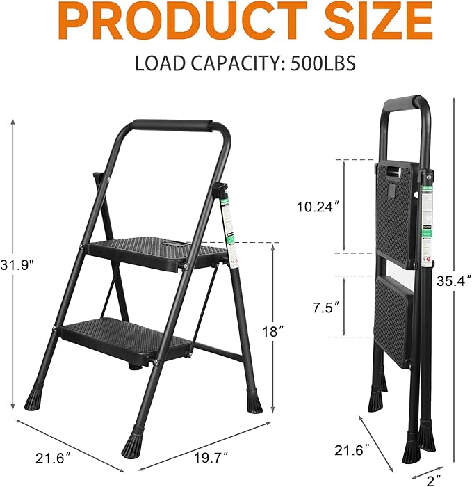 2 Step Ladder, Protable Steel Folding Stool with Wide Anti-Slip Pedal, 500lbs Sturdy Steel Ladder, Black