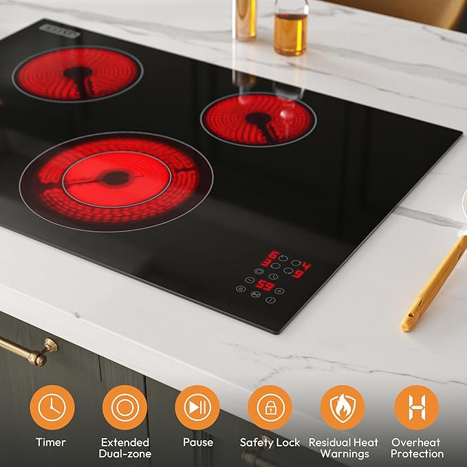 Empava 30 Inch Electric Ceramic Cooktop 4 Radiant Burners with Dual Zone, Touch Controls, Timer, Stop & Go Pause, Child Lock, ETL Certified, Built-in Smooth Glass