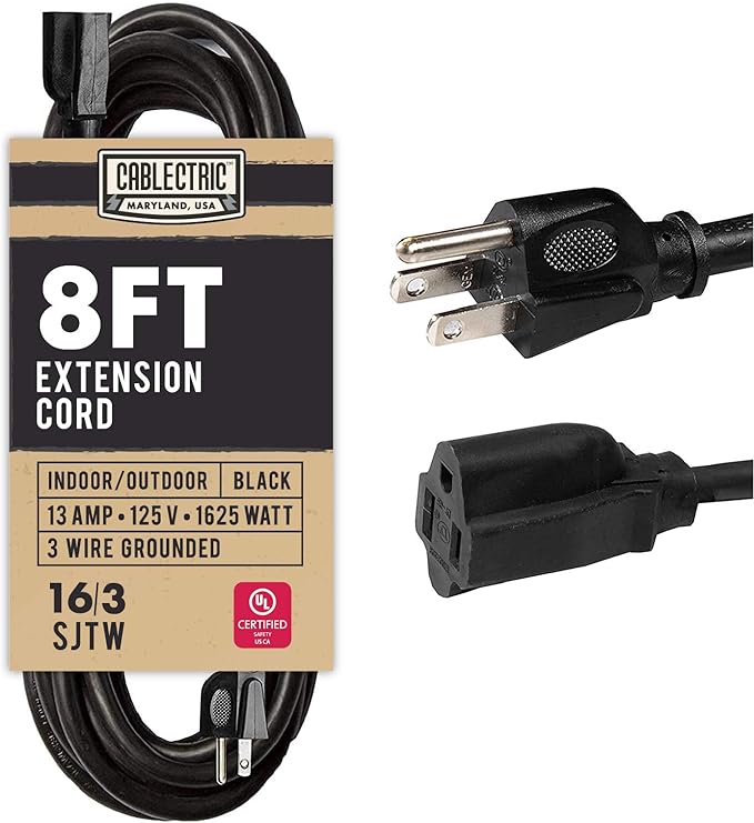 8 Foot Outdoor Extension Cord - 16/3 SJTW Black 16 Gauge Electrical Cable with 3 Prong Grounded Plug