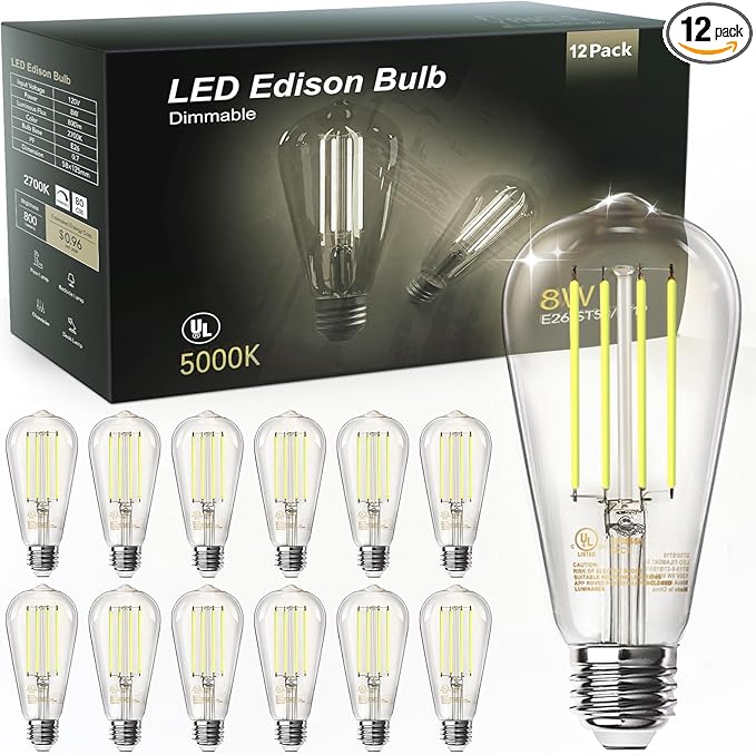 TJOY 12 Pack Vintage Edison LED Light Bulbs, Dimmable, 60W Equivalent, E26 Medium Base, 5000K Daylight, ST58, 8W, 800LM, Ultra-Bright, 80+CRI, Antique Decorative Filament, Clear Glass