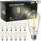 TJOY 12 Pack Vintage Edison LED Light Bulbs, Dimmable, 60W Equivalent, E26 Medium Base, 5000K Daylight, ST58, 8W, 800LM, Ultra-Bright, 80+CRI, Antique Decorative Filament, Clear Glass