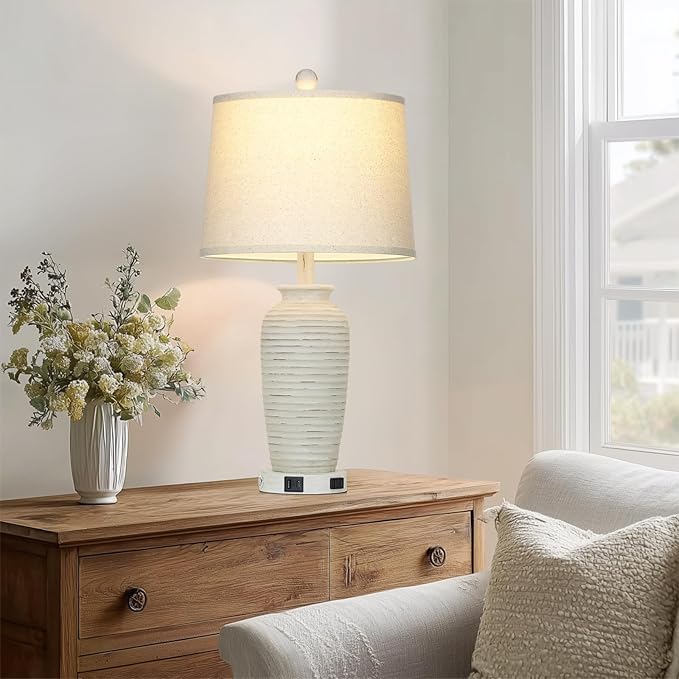25" Retro White Farmhouse Jar Table Lamps for Living Room, 3 Way Touch Control Rustic Bedside Lamps with USB A+C Ports & AC Outlet, Pot Nightstand Lamps for Bedroom (LED Bulbs Included)