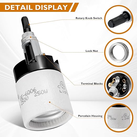 E26 Porcelain Lamp Socket with Rotary Knob Switch - High Temperature Resistance, UL Listed, 250V 250W for Safe Lighting Replacements(2 Pack)