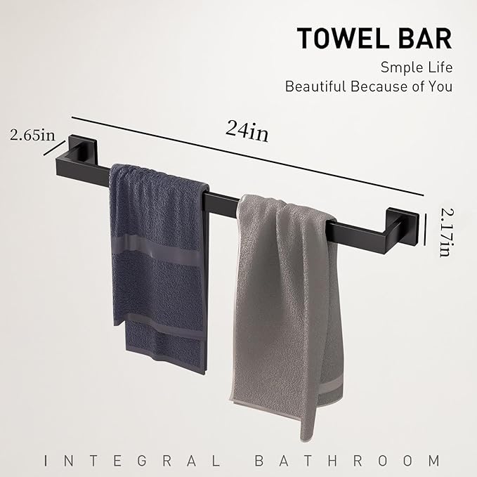 10-Pieces Matte Black Bathroom Accessories Set, Stainless Steel Bathroom Hardware Set, Towel Racks for Bathroom Wall Mounted 24 Inch Bath Towel Bar Set.