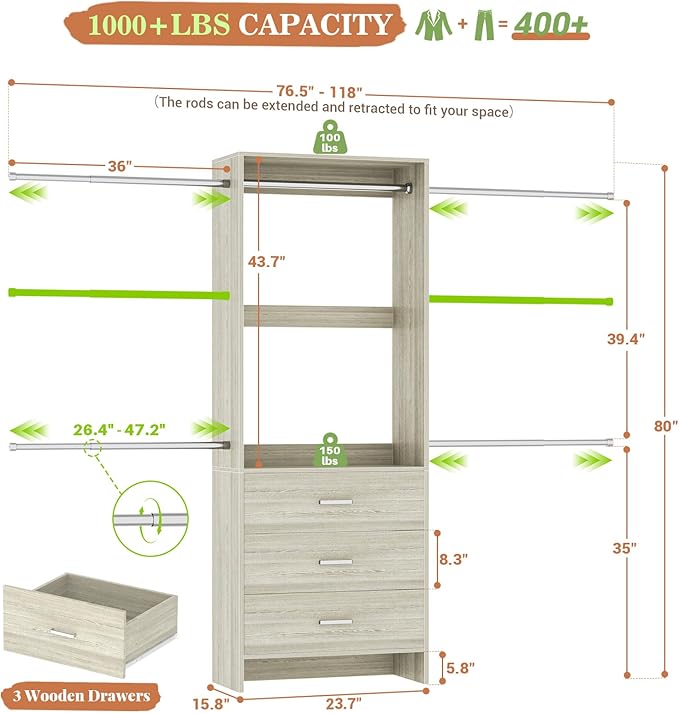 Aheaplus Closet System, Closet Organizer with 3 Wooden Drawers, Closet Organizer System, Walk-in Closet Wardrobe Clothes Rack with 4 Hanging Rods, Garment Rack, -4R,White Oak