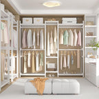 Homykic Bamboo Closet System Clothes Rack, Large Freestanding Garment Rack Clothing Rack for Hanging Clothes with 7 Storage Shelves and 5 Rods, Open Wardrobe Organizer with 4 Hooks, White