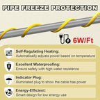 55 Ft Pipe Heat Cable for Water Pipe Freeze Protection, Self-Regulating Heat Tape for Metal and Plastic Pipes, Anti-Freeze Pipe Heating Trace System 6W/Ft 120V