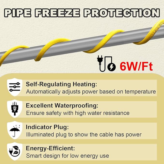 55 Ft Pipe Heat Cable for Water Pipe Freeze Protection, Self-Regulating Heat Tape for Metal and Plastic Pipes, Anti-Freeze Pipe Heating Trace System 6W/Ft 120V
