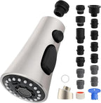 iFealClear Universal Kitchen Faucet Head Replacement, 3 Modes Pull Down Faucet Spray Head, Compatible with Moen Delta, Equipped with 15 Adapters, Brushed Nickel