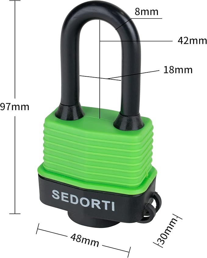 Colored Waterproof Padlocks, Heavy Duty Laminated Steel Lock with Green Plastic Covered, Keyed Alike Outdoor Locks, Can Be Used as Lockout Tagout Lock, Long Padlocks, Pack of 12