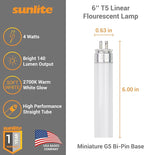 Sunlite 6-Inch F4T5/WW T5 Linear Fluorescent Lamp, 4 Watts, 140 Lumens, 2700K Soft White, Miniature G5 Bi-Pin Base, ROHS Compliant, High Performance Straight Tube, 10 Pack