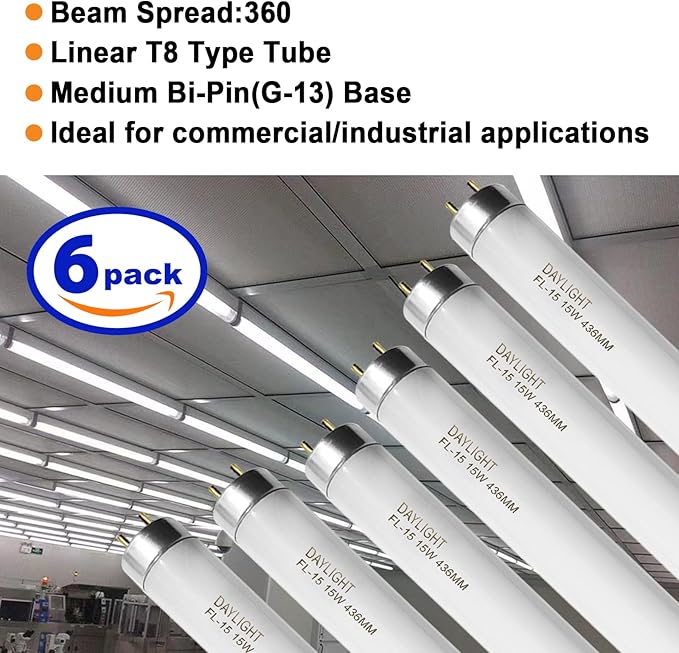 F15T8/DL 18 Inches T8 15 Watt Fluorescent Tube Compatible for Sylvania GE Eiko F15/T8/D Daylight 6500K G13 Bi-Pin Base 6 Count