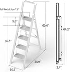 5 Step Ladder, Folding Step Stool, White Foldable Iron Ladder for 10 Foot High Ceiling with Anti-Slip Wide Sturdy Pedal and Handgrip, Multi-Use for Home (300 lbs Capacity)