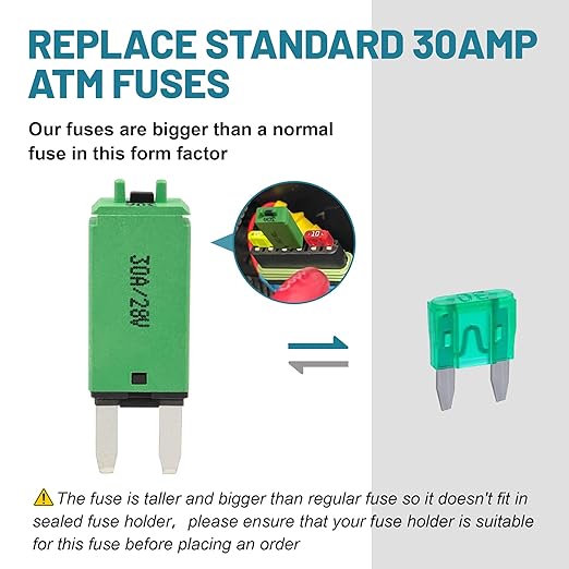 NuIth Manual Reset 30A Mini Fuse Circuit Breakers, E73 Low Profile ATM Circuit Breaker Blade Fuse DC 28V Resettable Standard Blade Fuses for Car Truck RV Marine (2PCS-30A)
