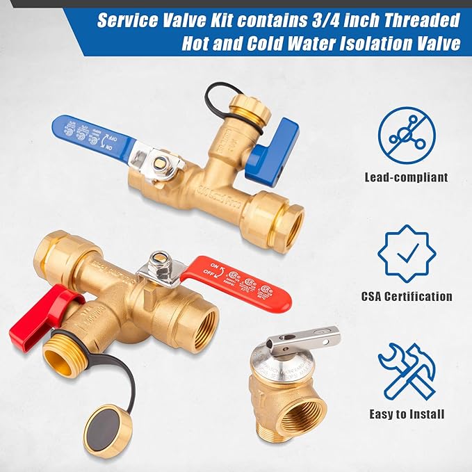 Isolator Tankless Water Heater Valve Kit with Pressure Relief Valve, 3/4 Inch IPS Water Heater Flush Kit, Clean Brass