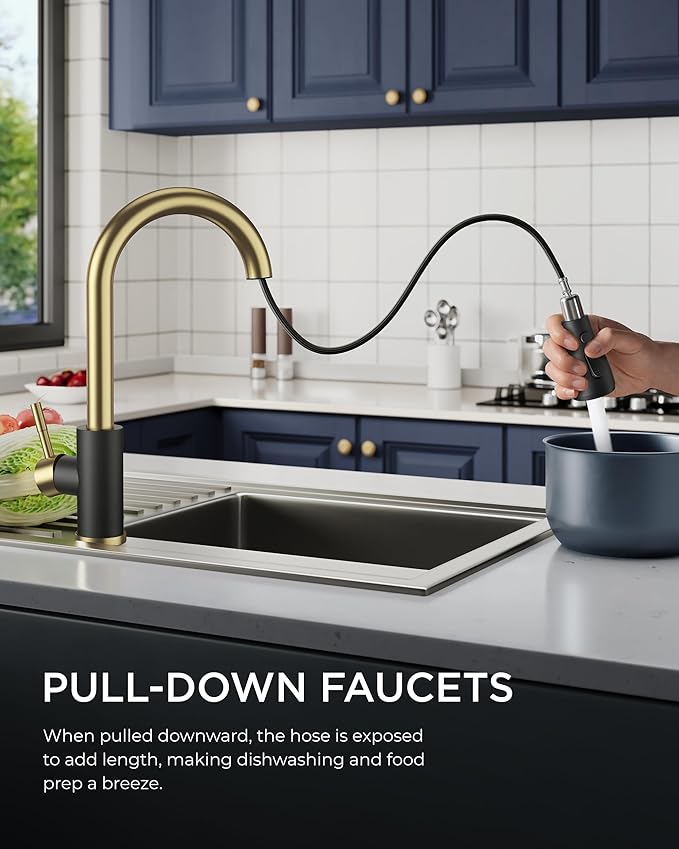 FORIOUS Kitchen Faucets with Pull Down Sprayer, High Arc Single Handle Classic Stainless Steel Sink Faucet 1 or 3 Hole, Suitable for Farmhouse Camper Laundry Rv Bar, Black Gold