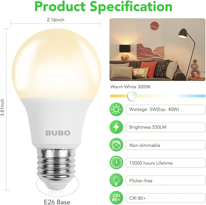 BUBO A19 LED Light Bulbs, 40 Watt Equivalent LED Bulbs, Warm White 3000K, 550 Lumens, E26 Standard Base, Non-Dimmable, 5W Warm White LED Bulbs for Bedroom Living Room Home Office, 6 Pack