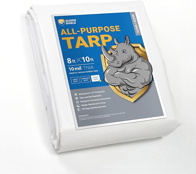 GUARD SHIELD Heavy Duty Tarp 8x10 Feet White Multi Purpose Thick Waterproof Poly Tarp Cover 10mil