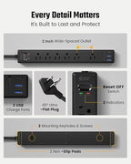 10Ft Extension Cord with Multiple Outlets, SUPERDANNY Flat Plug Surge Protector Power Strip with 3 USB Ports & 6 Outlets, 10 Ft Long Cord, Black Charging Station for Home Office, Dorm Room Essentials