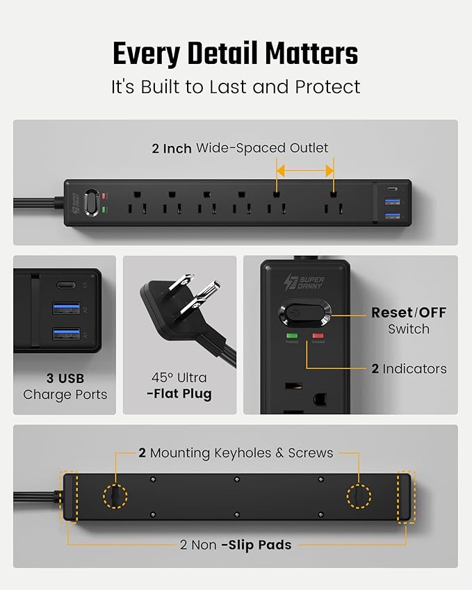 10Ft Extension Cord with Multiple Outlets, SUPERDANNY Flat Plug Surge Protector Power Strip with 3 USB Ports & 6 Outlets, 10 Ft Long Cord, Black Charging Station for Home Office, Dorm Room Essentials