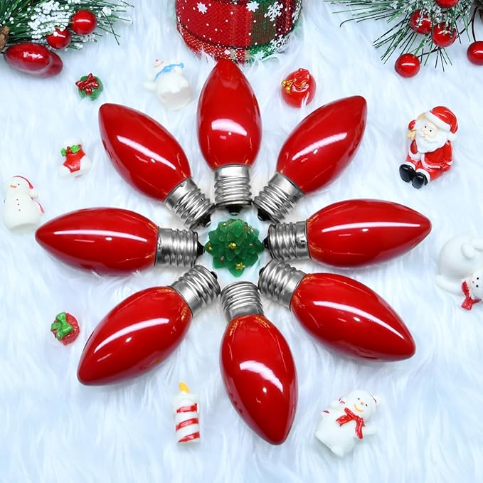 C9 Incandescent Christmas Lights Red Bulb,C9 Red Ceramic Replacement Bulbs for Christmas String Lights Indoor and Outdoor Decorations, E17 Candelabra Base, 7 Watts Night Light Bulbs,25 Pack