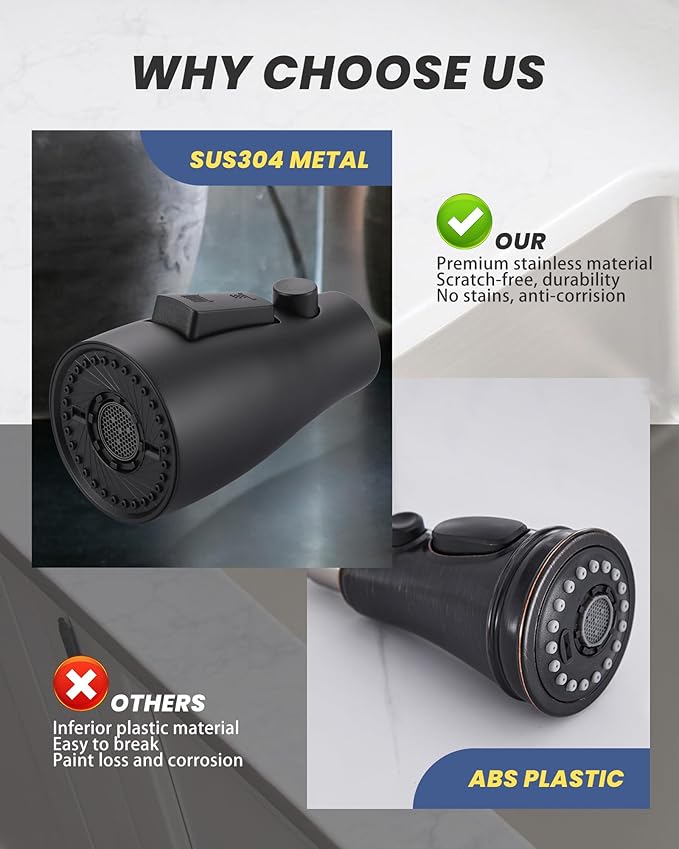 Metal Kitchen Faucet Head Replacement: 3-Function Pull Down Spray Nozzle with 9 Adapters, Sink Sprayer Replacement Compatible with Moen, Delta, American Standard Faucets, Matte Black