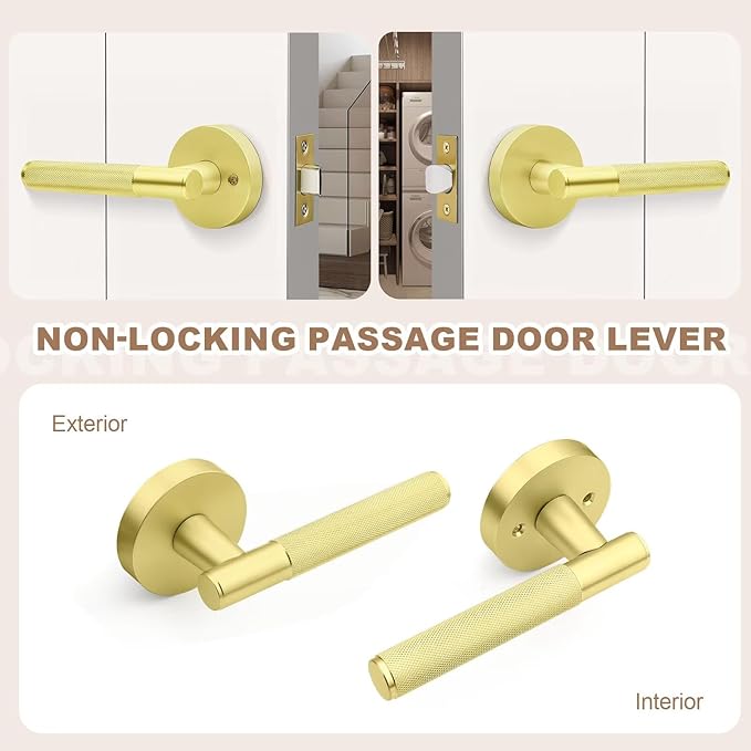 Gold Door Handles Interior No Lock 4 Pack, Round Passage Door Lever for Closet and Hall, Modern Knurled Reversible Door Knobs