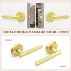 Gold Door Handles Interior No Lock 4 Pack, Round Passage Door Lever for Closet and Hall, Modern Knurled Reversible Door Knobs
