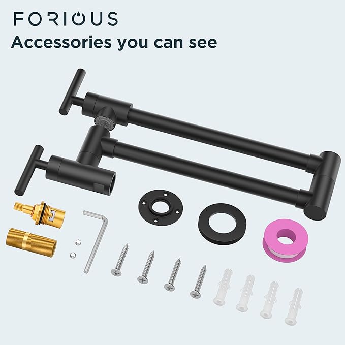 FORIOUS Black Pot Filler Faucet Over Stove, Solid Brass Modern Wall Mount Commercial Folding Faucet with Stretchable Double Joint Swing Arms for Kitchen Restaurant