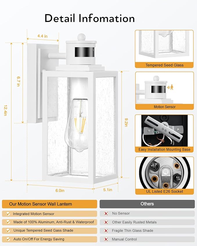 VIANIS Motion Sensor Outdoor Light Fixture, White Dusk to Dawn Porch Lighting Wall Mount, Waterproof Modern Outside LED Lights for House, 100% Aluminum Exterior Wall Sconce Lantern for Garage Lamps