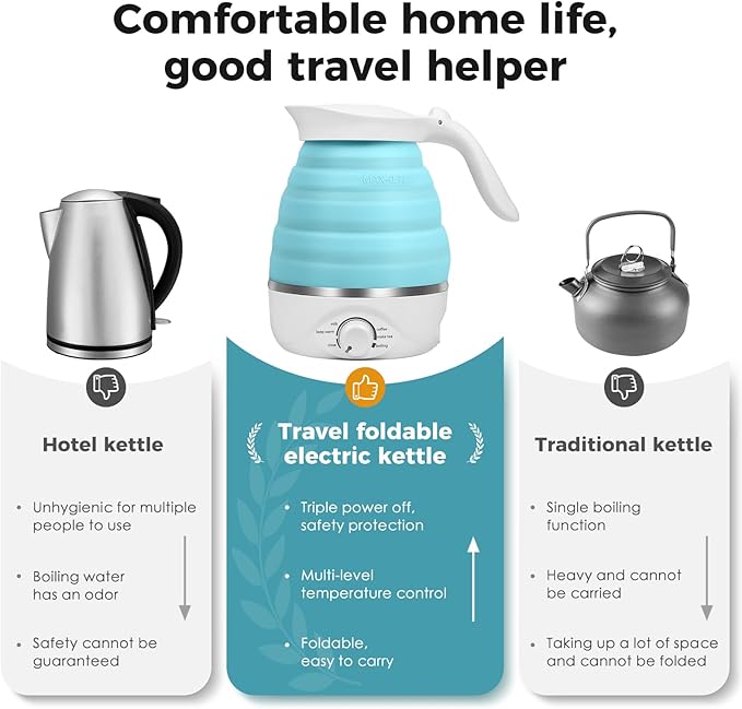 Travel Foldable Electric Kettle, 110V Collapsible Travel Kettle Electric Food Grade Silicone Portable Foldable Electric Kettles 850W Fast Boiling Water 700ml Kettle Electric Portable (Blue)