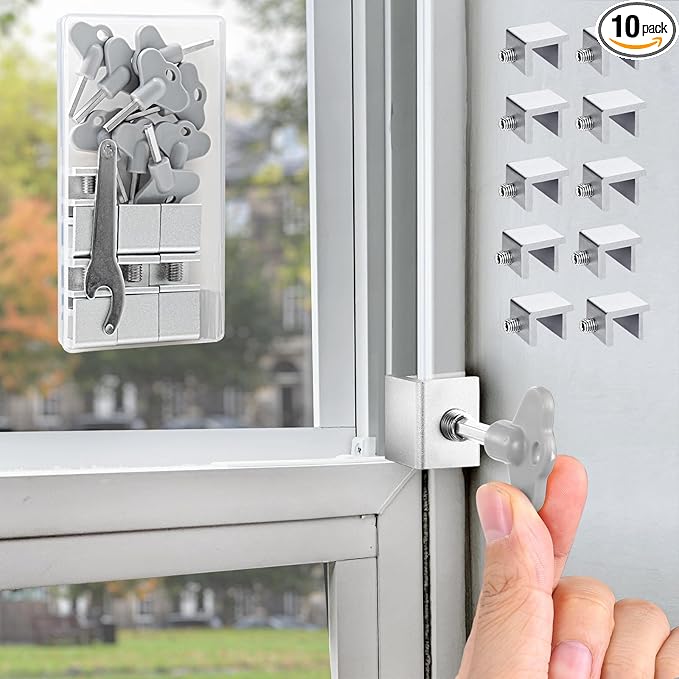 [10 Sets] Sliding Window Lock with Key Aluminum Alloy Adjustable Security Lock (Silver) Single Hole Quick Installation Anti-Theft and Anti-Theft Suitable for Vertical/Horizontal Windows