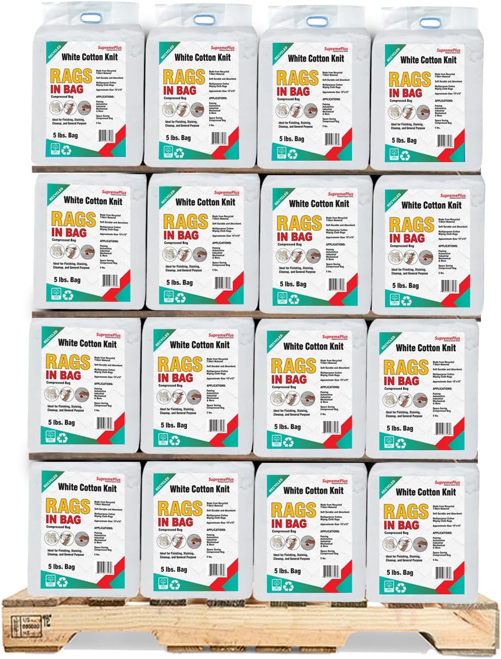 Recycled White T-Shirt Rags (600 lbs. Pallet 120x5 lbs. Bags) - Shop Reusable, Washable, & Absorbent All Purpose Rags in a Bag, for Painting, Staining, Polishing, & Dusting