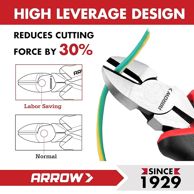 ARROW High Leverage Diagonal Pliers, 6 Inch Wire Cutters with Comfortable TPR Handle, High Carbon Steel Side Cutters for Cutting Wire