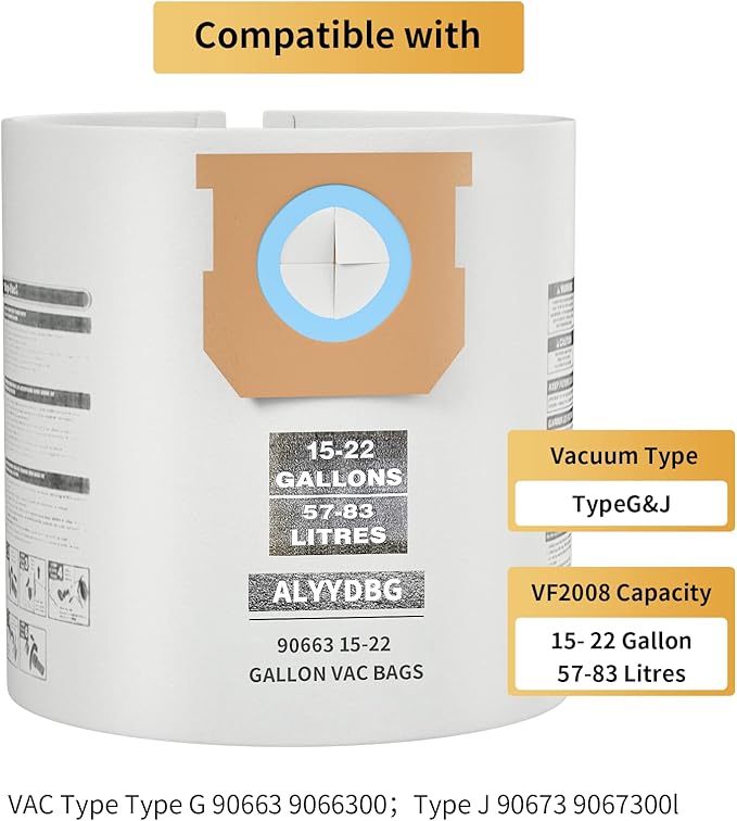 for Shop Vac Bags 15-22 Gallon, Type G 90663 9066300; Type J 90673 9067300 and VF2008 High-Efficiency Disposable Dust Collection Vacuum Filter Bags 5 Pack