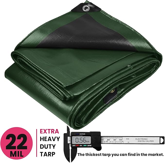 PROTARP Extreme Heavy Duty 22 Mil Tarp Cover, Waterproof, UV Resistant, Rip and Tear Proof, Poly Tarpaulin with Reinforced Edges for Roof, Camping, Patio, Pool, Boat. (Green/Black 20′ X 40′)