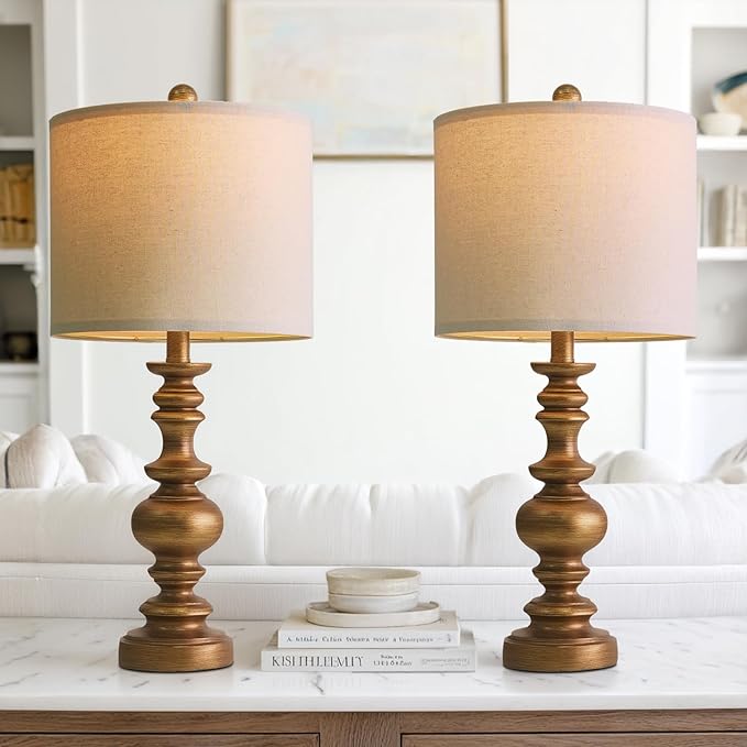BOBOMOMO 24" Traditional Lamps Set of 2 – Antique Gold Bedside Lamps with Linen Shades, Elegant Medium Farmhouse Lamps for Living Room, Bedroom, and Hallway, Ideal for Warm, Cozy Spaces