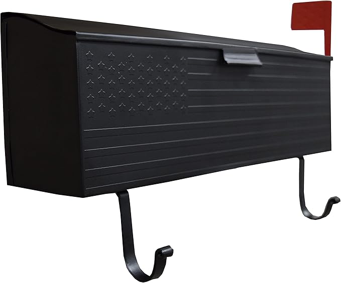 Black Patriotic Metal Wall Mounted Mailbox with Outgoing Mail Flag and Newspaper Hangers
