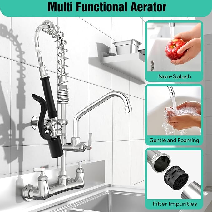 Commercial Sink Faucet with Sprayer Wall Mount, 21" Height 8 inch Center with Solid Brass & Polished Chrome, Add-on 8" Swing Spout for 1 or 2 Compartment Kitchen Sink