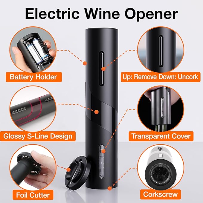 Electric Wine Opener, Battery-Powered, Cork Puller, Foil Cutter Included, Simple Design, Effortless and Enjoyable Wine Cork Removal, Convenient Wine Accessory, Best Choice for Wine Lovers(Black)