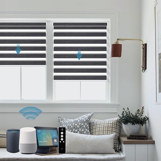 SmartWings Motorized Zebra Blinds with Remote, Smart Control Light Filtering Sheer Shades for Indoor Windows, Electric Customized Automatic Blind, 95mm 85% Blackout Graphite